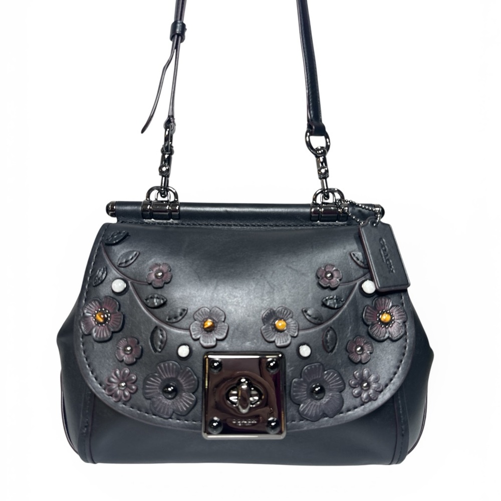 Coach Black Floral Appliqué Shoulder Bag with Gunmetal Hardware